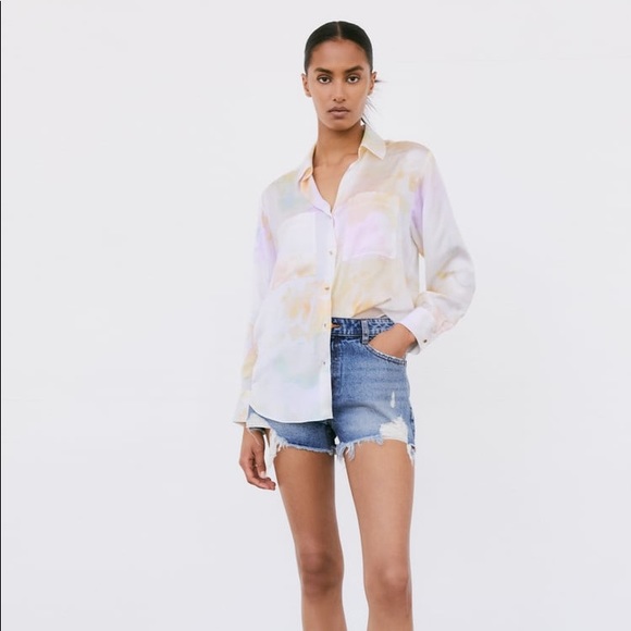 Zara Tops - NWOT Zara Oversized Satin Effect Button Down Tie-Dye Blouse